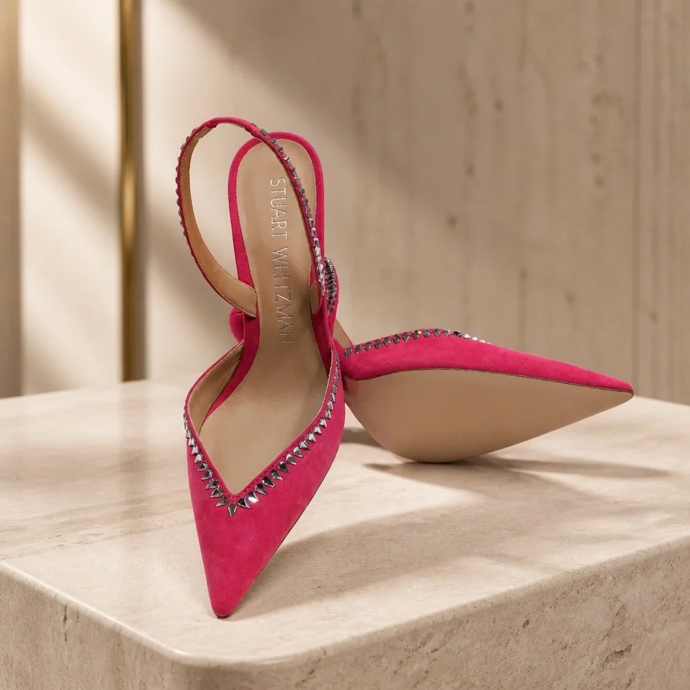 Stuart Weitzman Women’s Suede Pink Pointed Slingback Heels with Cristal Studs